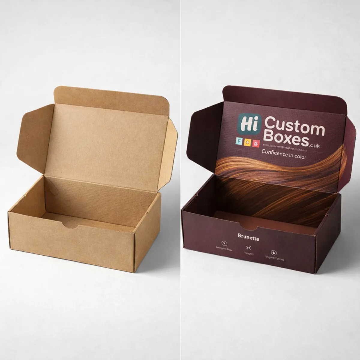 A comparison of a plain brown corrugated box and a branded dark purple mailing box. class=